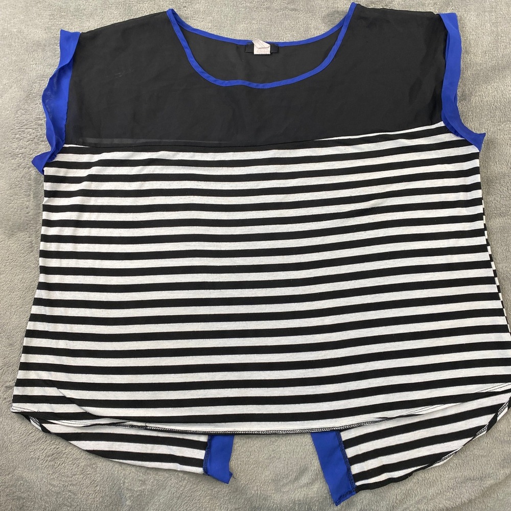 Krush Women Striped Sheer Panel Cap Sleeve Split‎ Back Top Blue Trim Size 3X